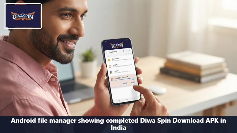 Android file manager showing completed Diwa Spin Download APK in India