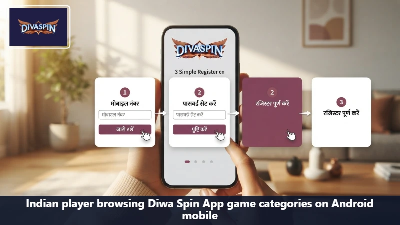 Indian player browsing Diwa Spin App game categories on Android mobile