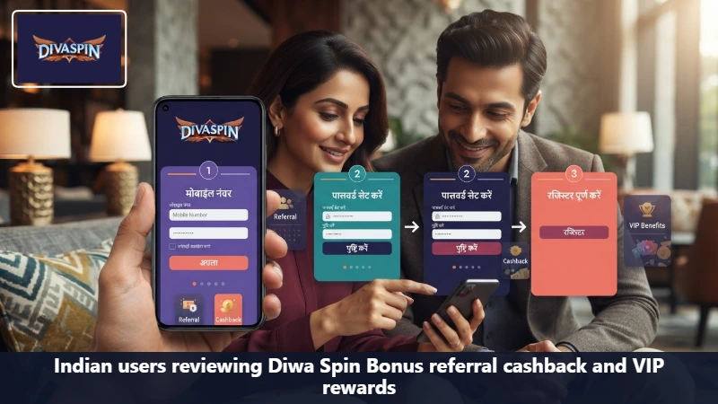 Indian users reviewing Diwa Spin Bonus referral cashback and VIP rewards