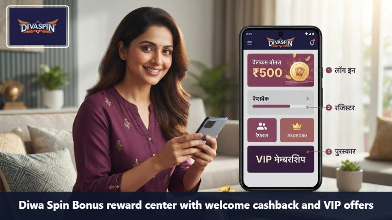Diwa Spin Bonus reward center with welcome cashback and VIP offers