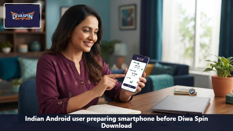 Indian Android user preparing smartphone before Diwa Spin Download