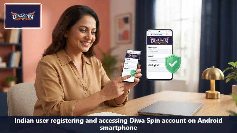 Indian user registering and accessing Diwa Spin account on Android smartphone