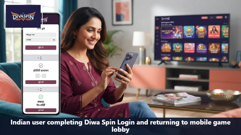 Indian user completing Diwa Spin Login and returning to mobile game lobby
