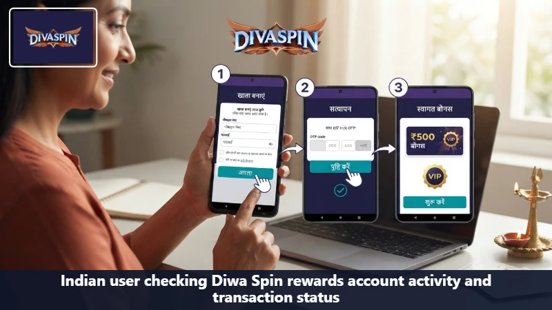 Indian user checking Diwa Spin rewards account activity and transaction status