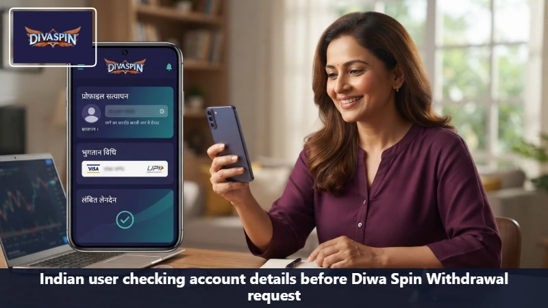 Indian user checking account details before Diwa Spin Withdrawal request