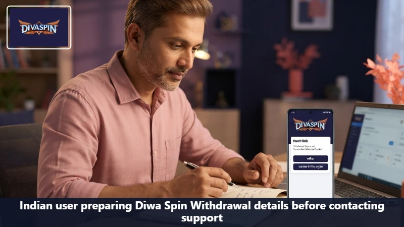 Indian user preparing Diwa Spin Withdrawal details before contacting support
